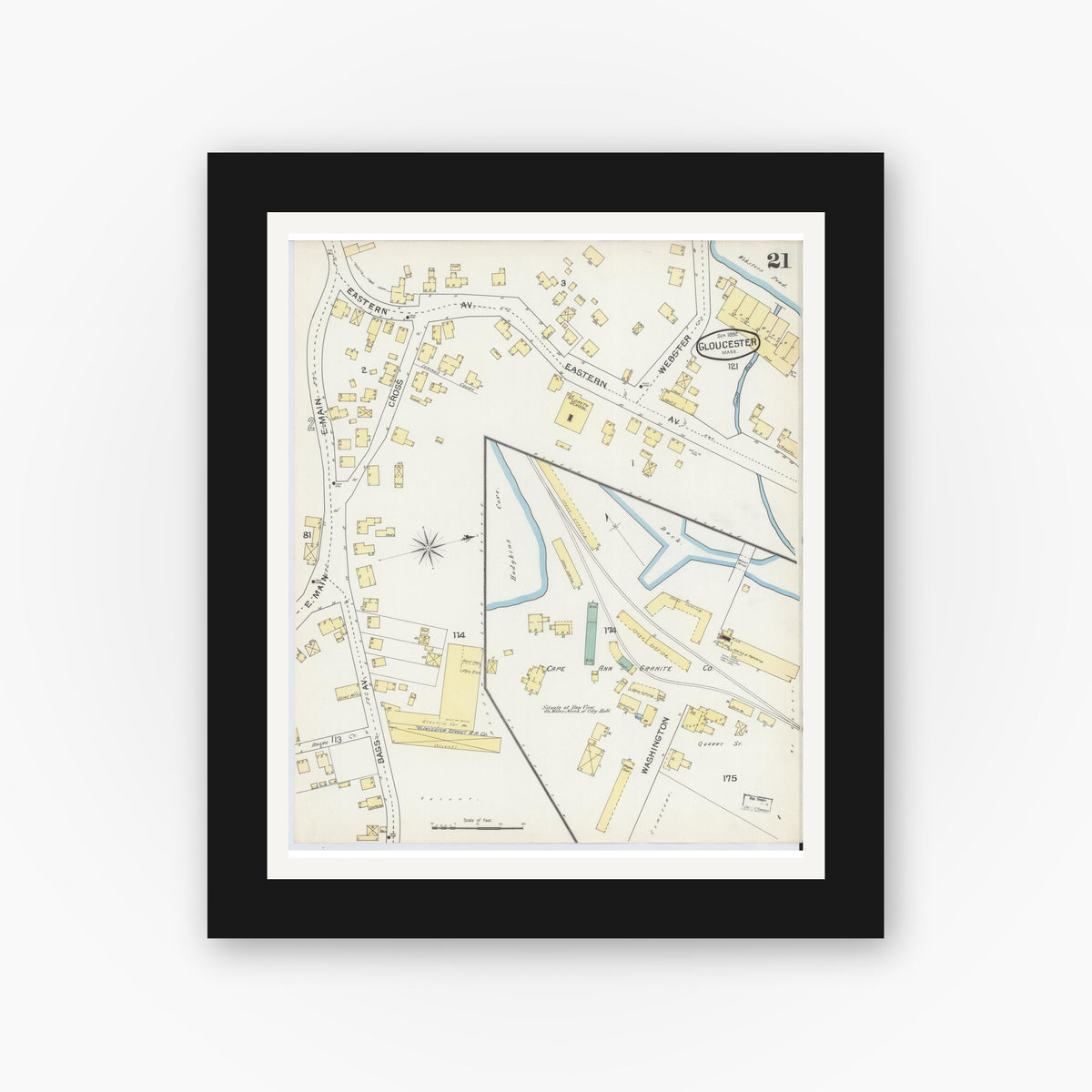 Old map wall art mockup — black gallery frame with white mat — Sanborn Fire Insurance Map from Gloucester, Essex County, Massachusetts (1892), Sheet #0021