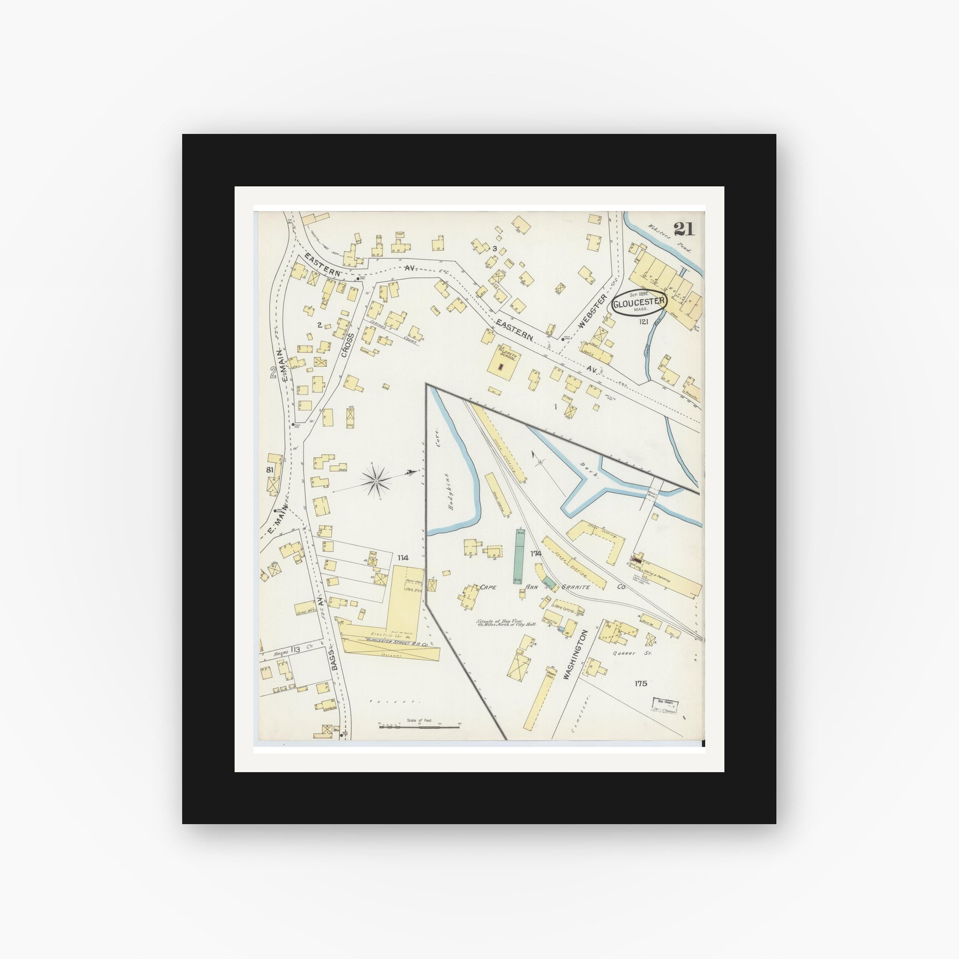 Old map wall art mockup — black gallery frame with white mat — Sanborn Fire Insurance Map from Gloucester, Essex County, Massachusetts (1892), Sheet #0021