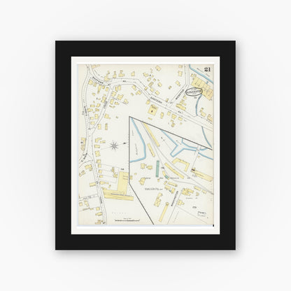 Old map wall art mockup — black gallery frame with white mat — Sanborn Fire Insurance Map from Gloucester, Essex County, Massachusetts (1892), Sheet #0021