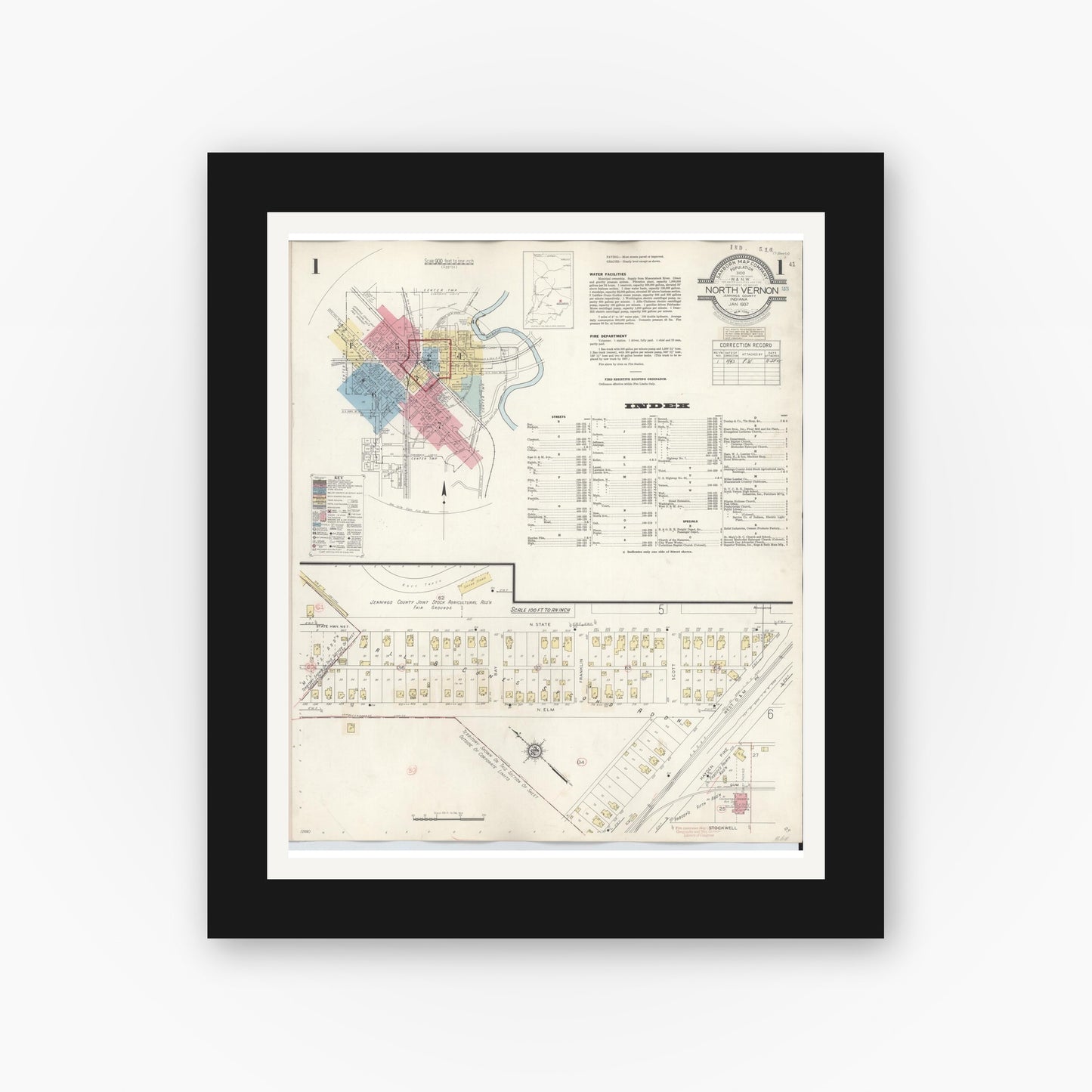 Old map wall art mockup — black gallery frame with white mat — Sanborn Fire Insurance Map from North Vernon, Jennings County, Indiana (1943) - Complete Map Set