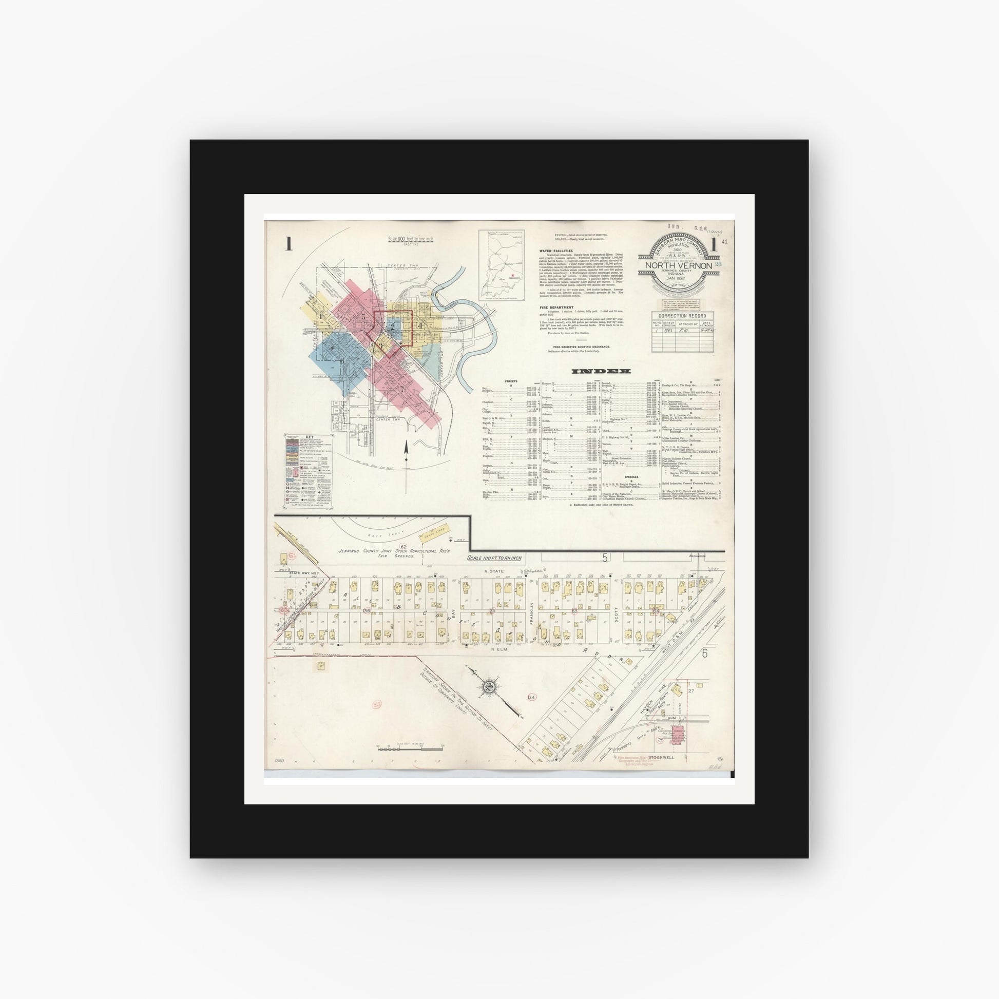 Old map wall art mockup — black gallery frame with white mat — Sanborn Fire Insurance Map from North Vernon, Jennings County, Indiana (1943) - Complete Map Set