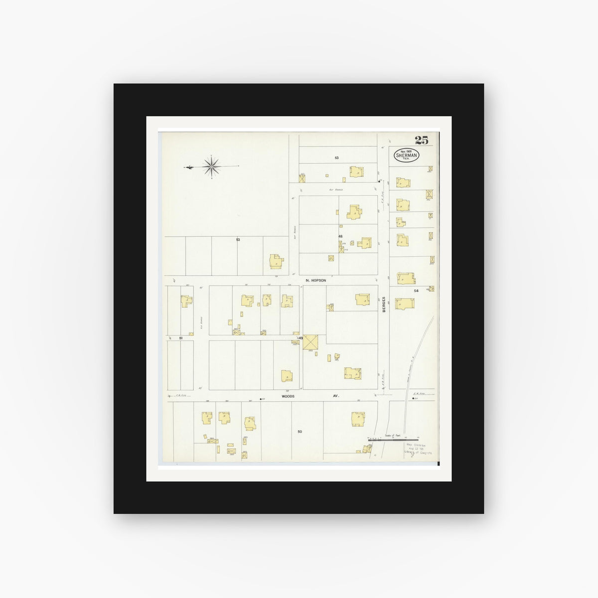 Old map wall art mockup — black gallery frame with white mat — Sanborn Fire Insurance Map from Sherman, Grayson County, Texas (1908), Sheet #0025