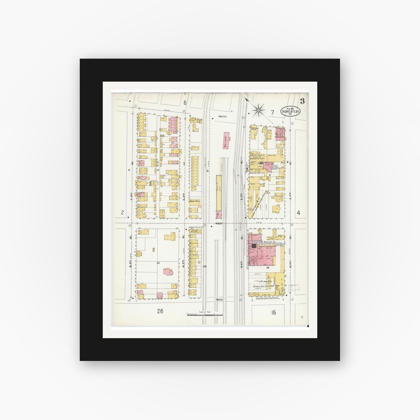 Old map wall art mockup — black gallery frame with white mat — Sanborn Fire Insurance Map from Homestead, Allegheny County, Pennsylvania (1907), Sheet #0003