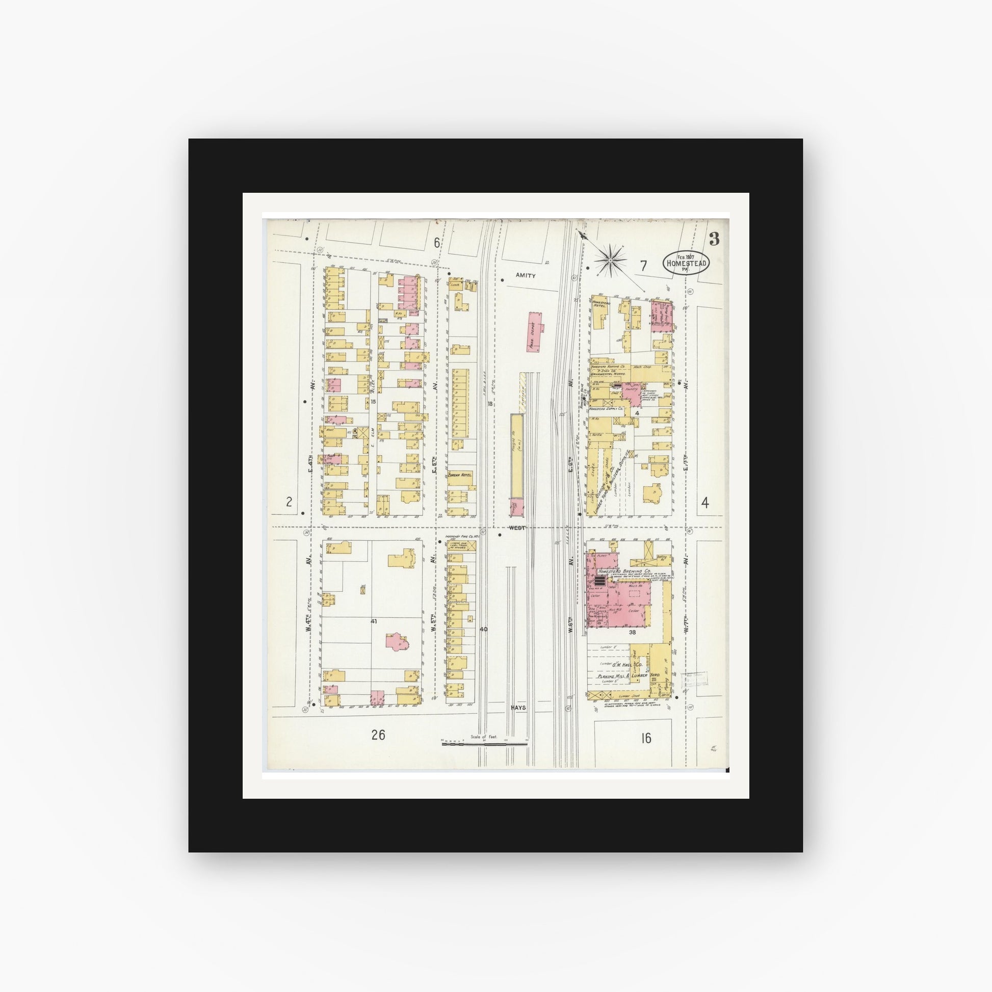 Old map wall art mockup — black gallery frame with white mat — Sanborn Fire Insurance Map from Homestead, Allegheny County, Pennsylvania (1907), Sheet #0003