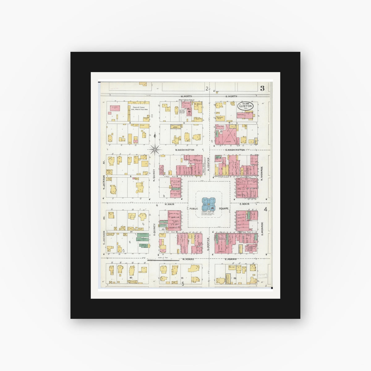 Old map wall art mockup — black gallery frame with white mat — Sanborn Fire Insurance Map from Clinton, De Witt County, Illinois (1904), Sheet #0003