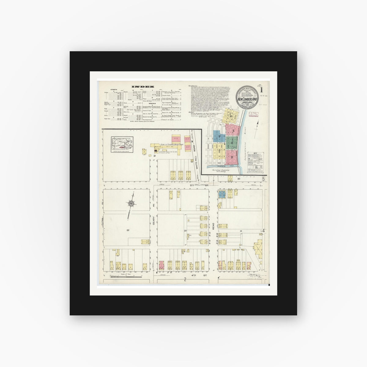 Old map wall art mockup — black gallery frame with white mat — Sanborn Fire Insurance Map from New Cumberland, Cumberland County, Pennsylvania (1913), Sheet #0001