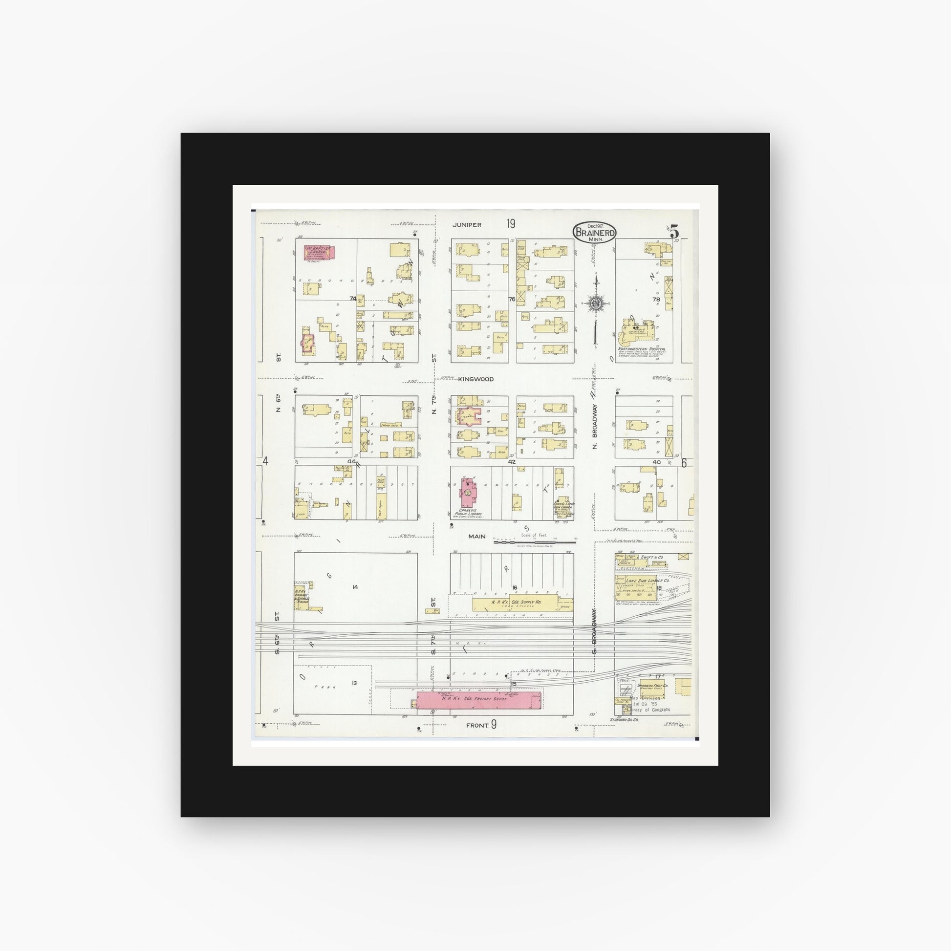 Old map wall art mockup — black gallery frame with white mat — Sanborn Fire Insurance Map from Brainerd, Crow Wing County, Minnesota (1917), Sheet #0005