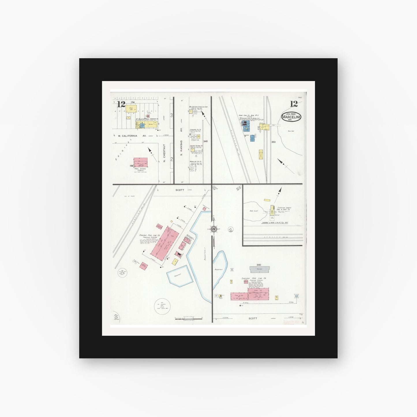 Old map wall art mockup — black gallery frame with white mat — Sanborn Fire Insurance Map from Marceline, Linn County, Missouri (1930), Sheet #0012