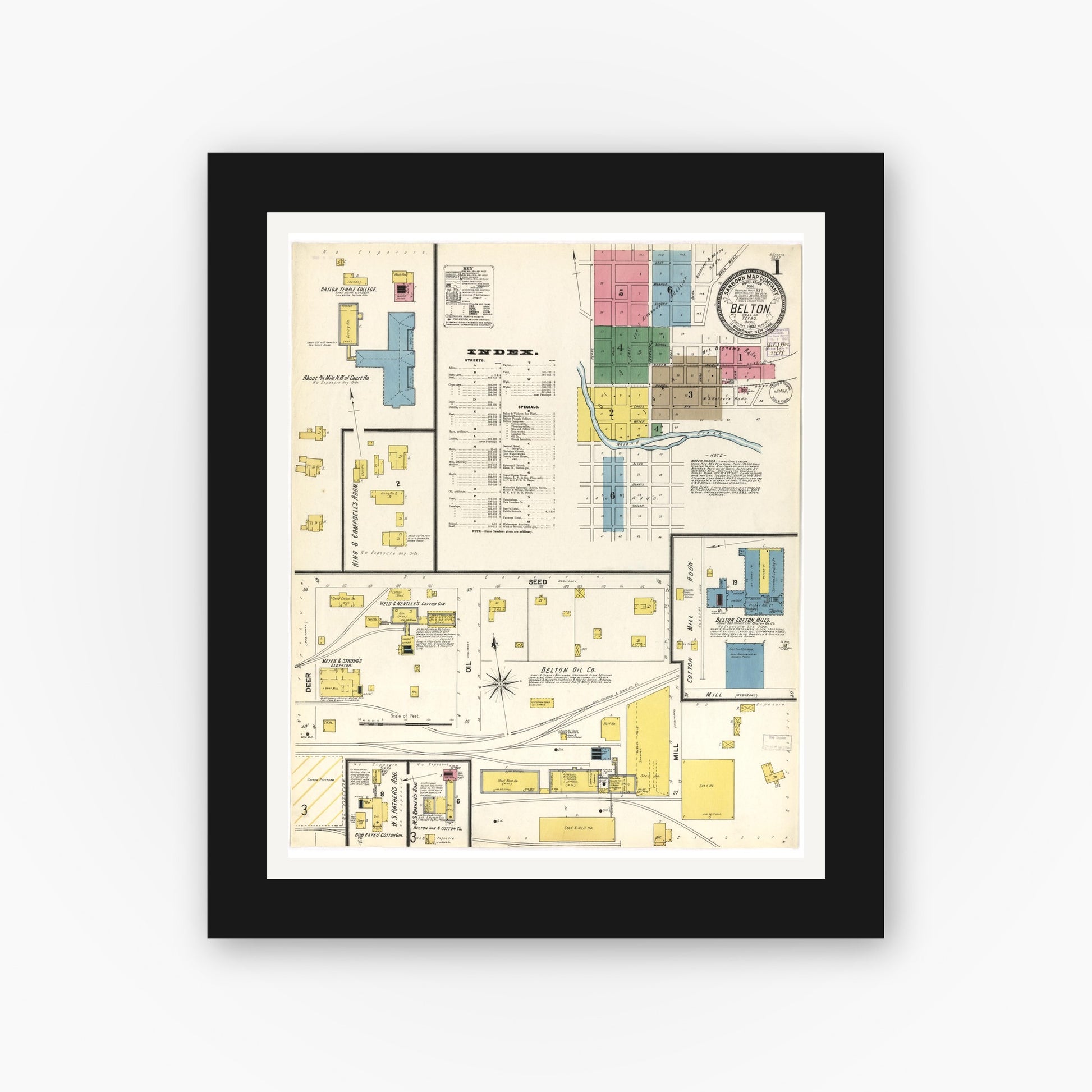 Old map wall art mockup — black gallery frame with white mat — Sanborn Fire Insurance Map from Belton, Bell County, Texas (1902), Sheet #0001