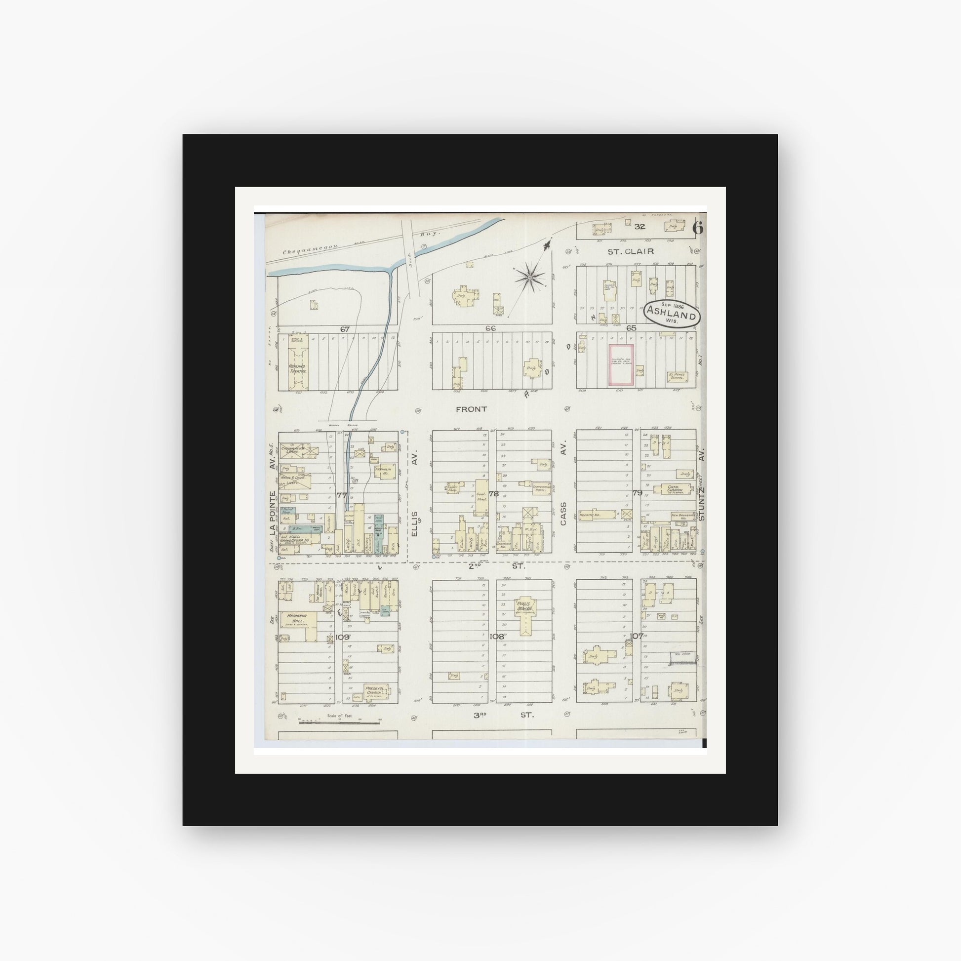 Old map wall art mockup — black gallery frame with white mat — Sanborn Fire Insurance Map from Ashland, Ashland County, Wisconsin (1886), Sheet #0006