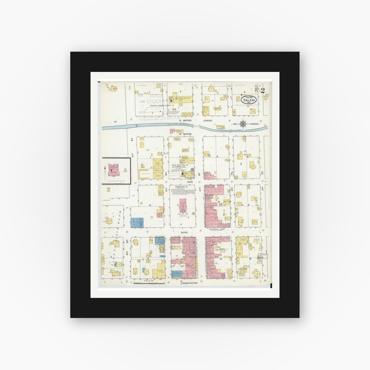 Old map wall art mockup — black gallery frame with white mat — Sanborn Fire Insurance Map from Salem, Dent County, Missouri (1916), Sheet #0002