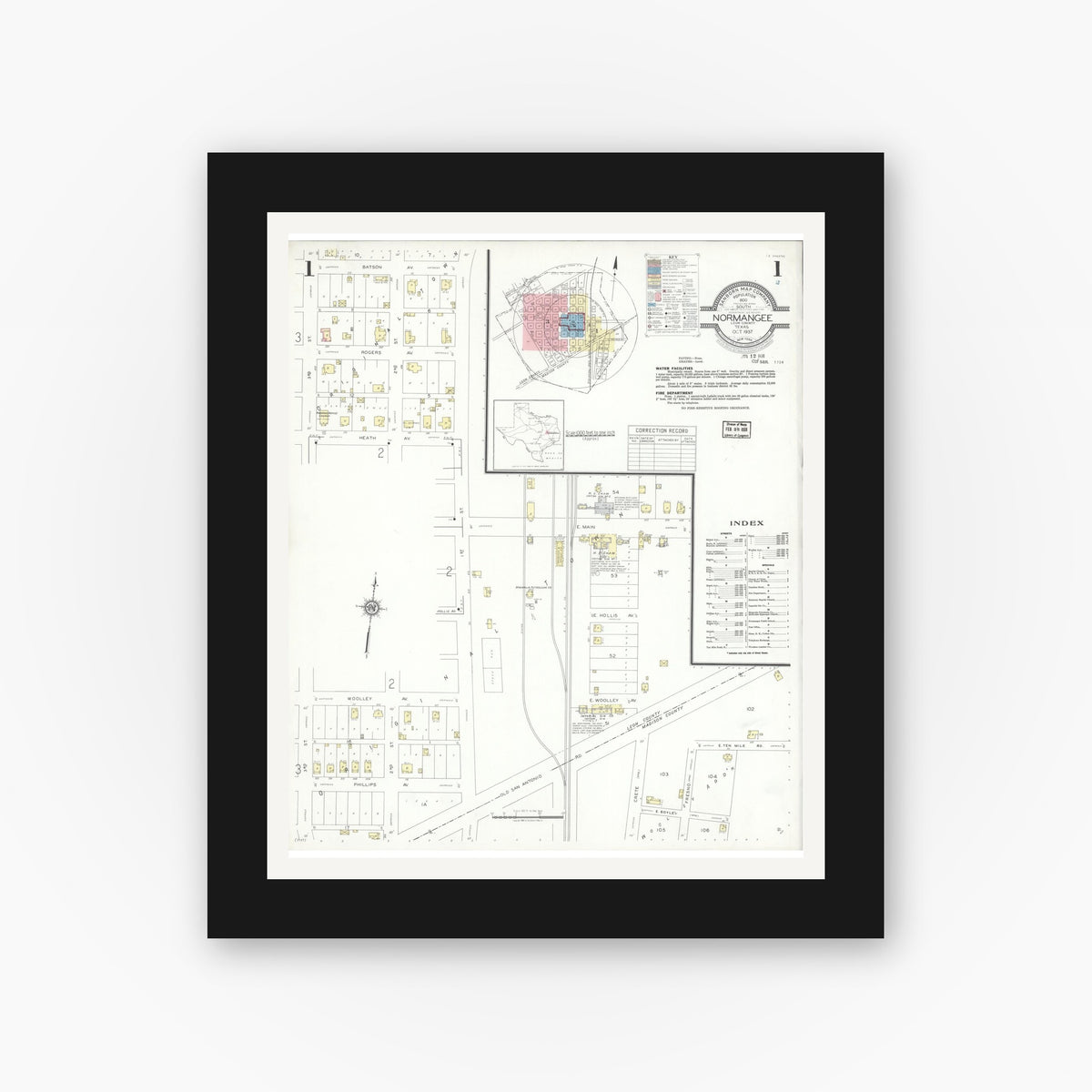 Old map wall art mockup — black gallery frame with white mat — Sanborn Fire Insurance Map from Normangee, Leon County, Texas (1937) - Complete Map Set