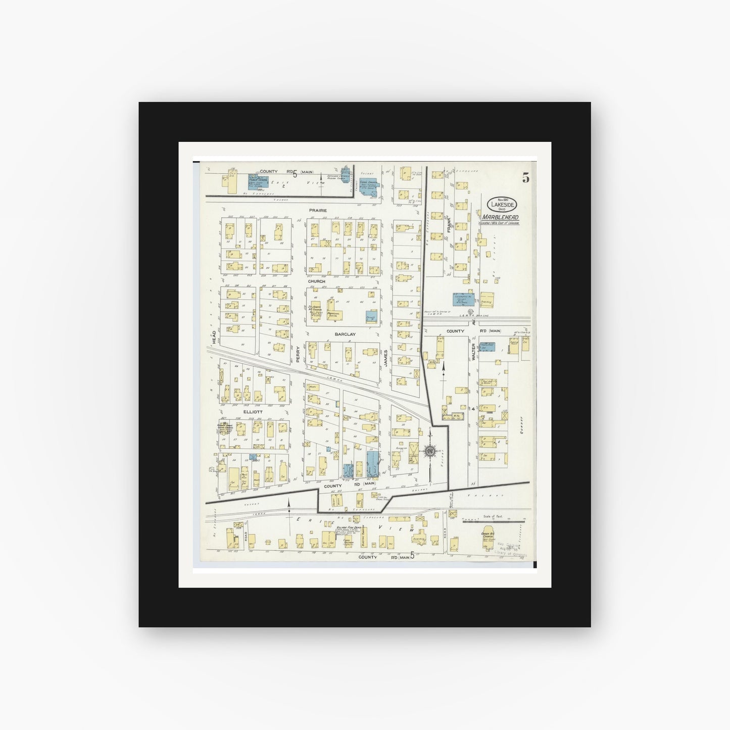 Old map wall art mockup — black gallery frame with white mat — Sanborn Fire Insurance Map from Lakeside, Ottawa County, Ohio (1910), Sheet #0005