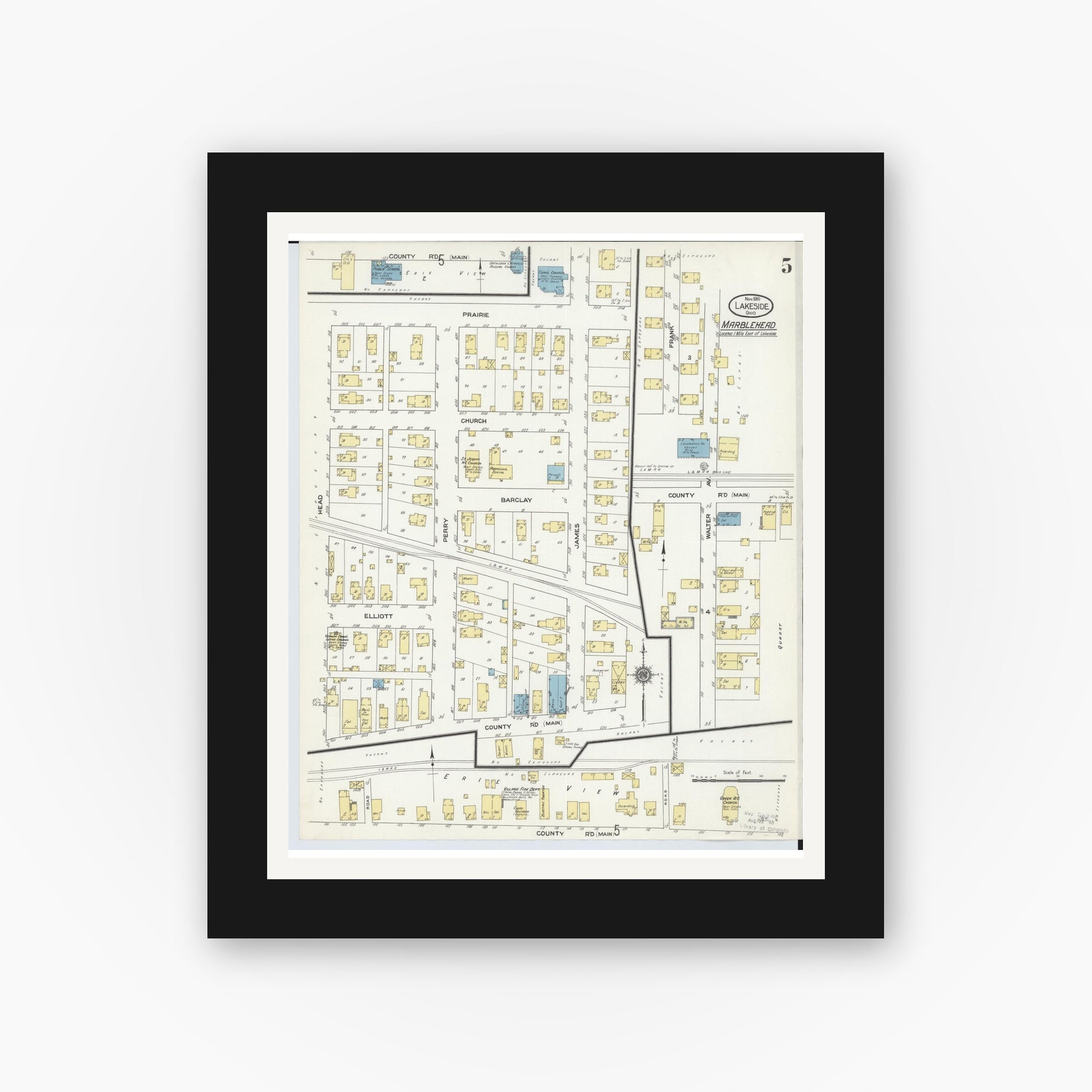 Old map wall art mockup — black gallery frame with white mat — Sanborn Fire Insurance Map from Lakeside, Ottawa County, Ohio (1910), Sheet #0005