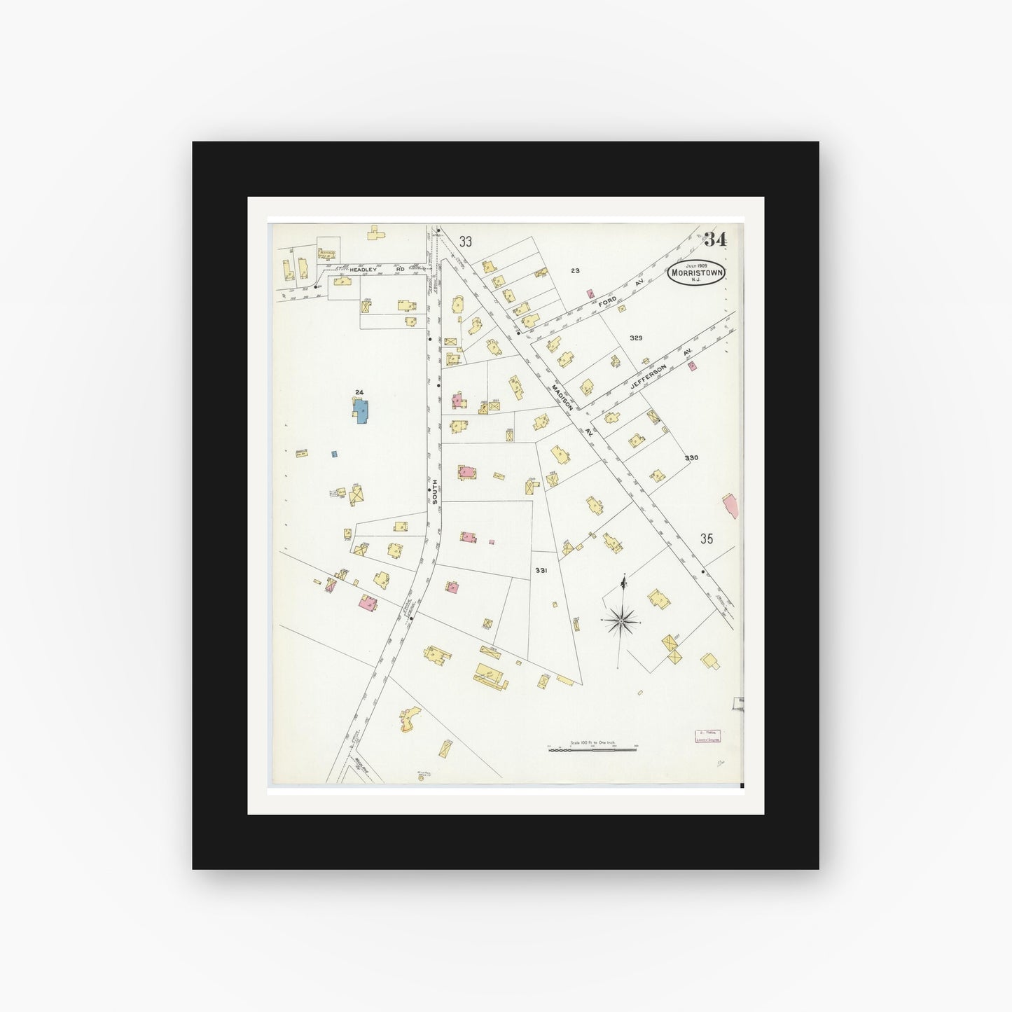 Old map wall art mockup — black gallery frame with white mat — Sanborn Fire Insurance Map from Morristown, Morris County, New Jersey (1909), Sheet #0034