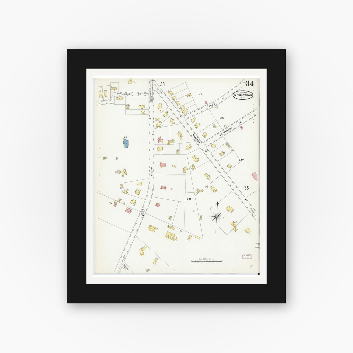 Old map wall art mockup — black gallery frame with white mat — Sanborn Fire Insurance Map from Morristown, Morris County, New Jersey (1909), Sheet #0034