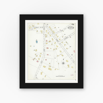 Old map wall art mockup — black gallery frame with white mat — Sanborn Fire Insurance Map from Morristown, Morris County, New Jersey (1909), Sheet #0034