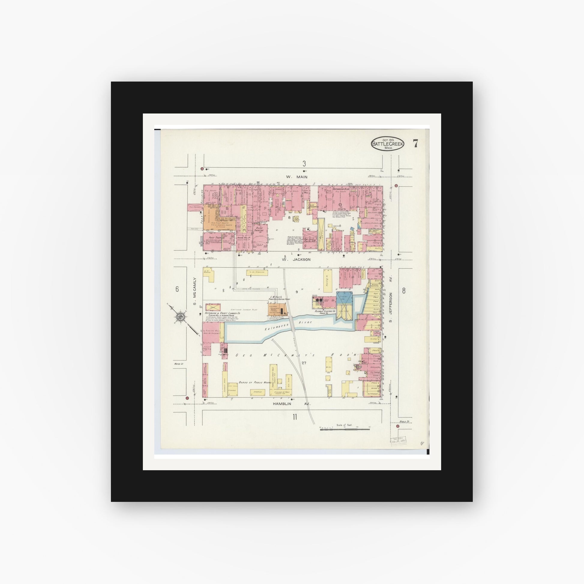 Old map wall art mockup — black gallery frame with white mat — Sanborn Fire Insurance Map from Battle Creek, Calhoun County, Michigan (1913), Sheet #0007