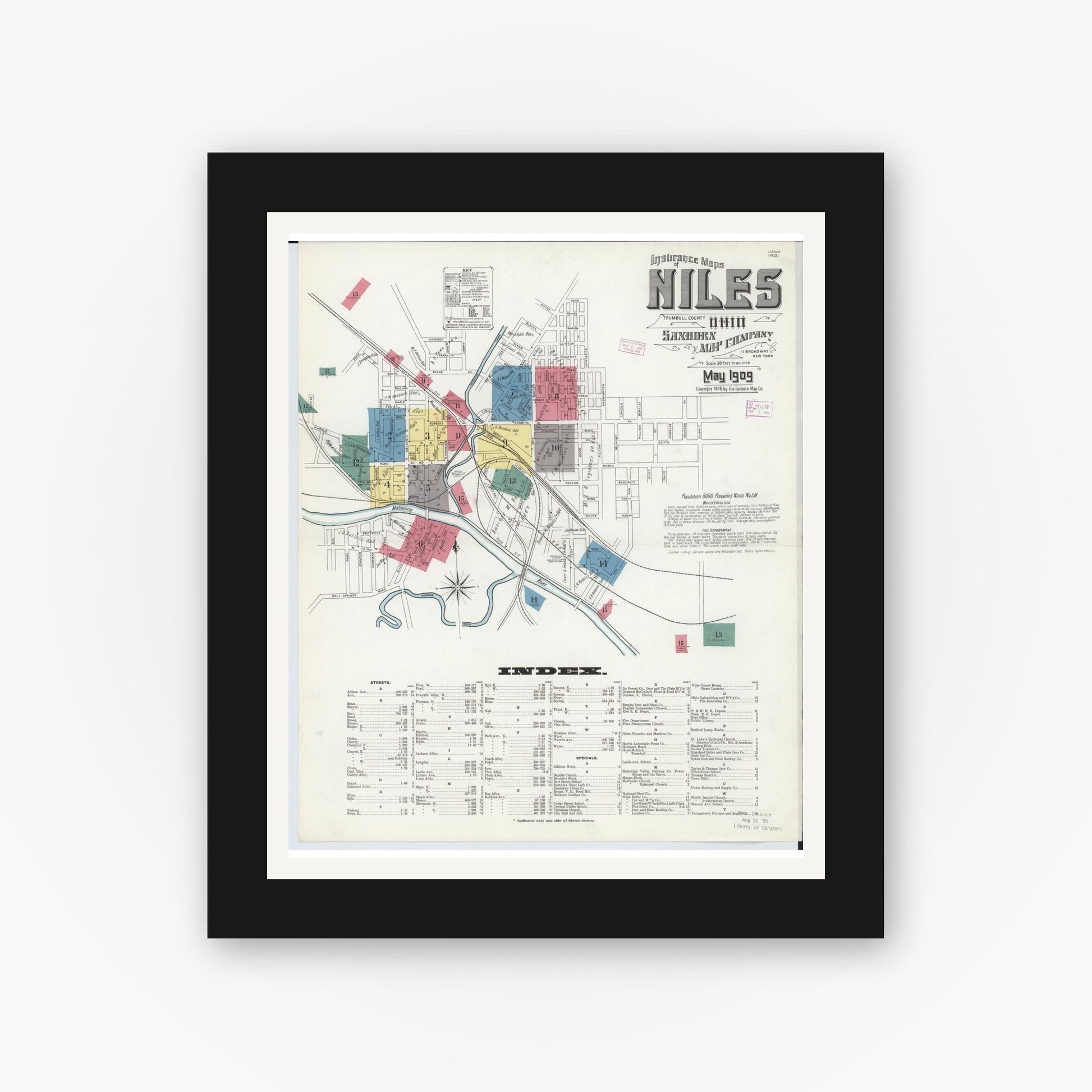 Old map wall art mockup — black gallery frame with white mat — Sanborn Fire Insurance Map from Niles, Trumbull County, Ohio (1909) - Complete Map Set