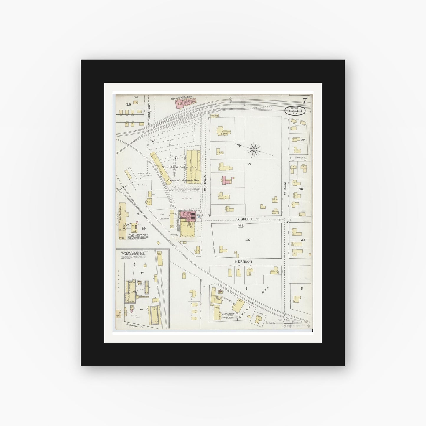 Old map wall art mockup — black gallery frame with white mat — Sanborn Fire Insurance Map from Tyler, Smith County, Texas (1893), Sheet #0007