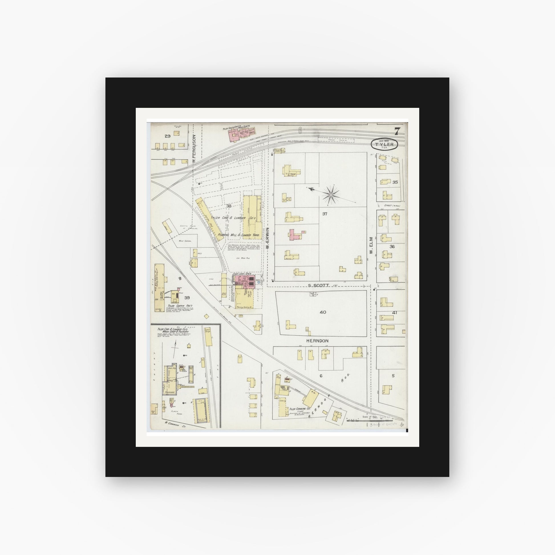 Old map wall art mockup — black gallery frame with white mat — Sanborn Fire Insurance Map from Tyler, Smith County, Texas (1893), Sheet #0007
