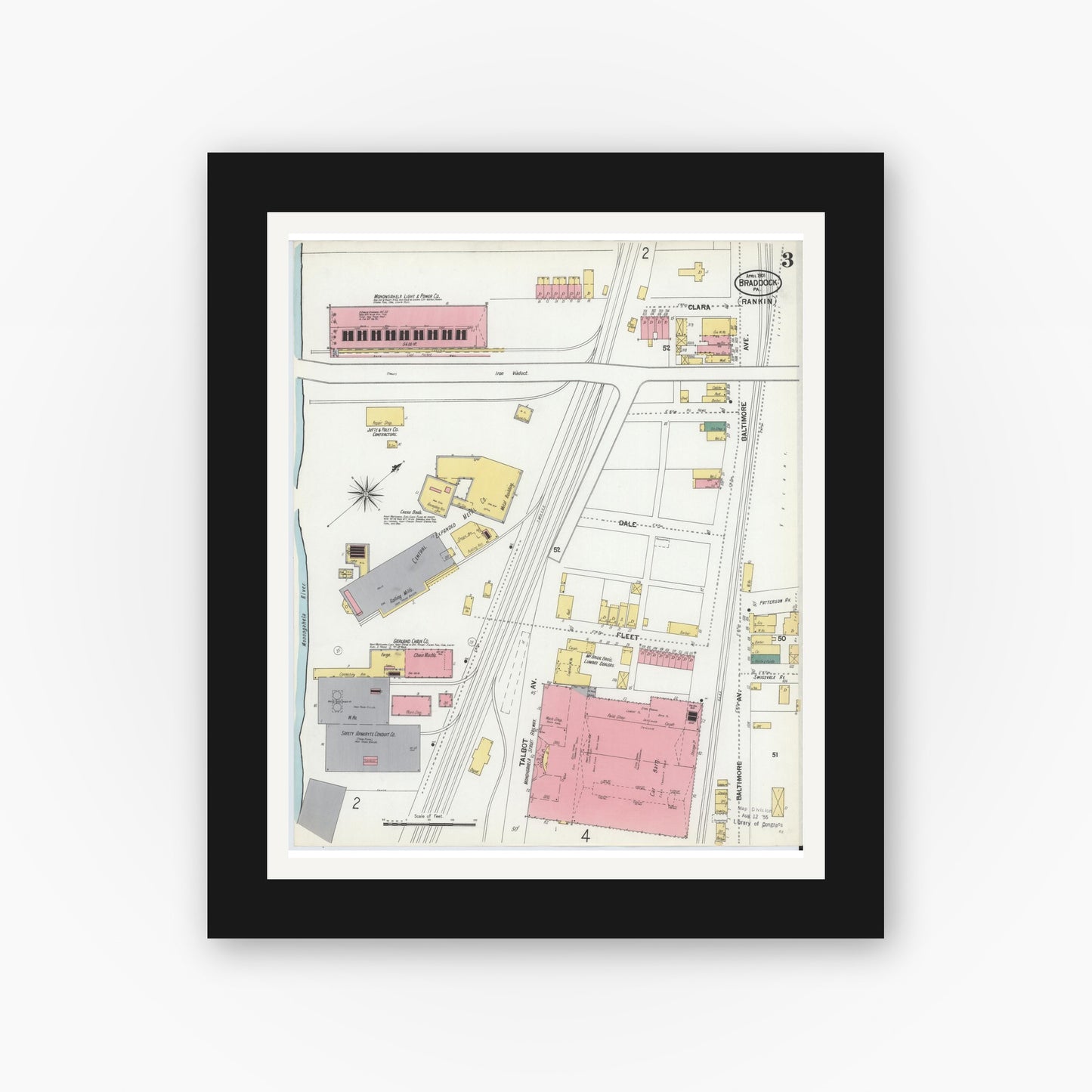 Old map wall art mockup — black gallery frame with white mat — Sanborn Fire Insurance Map from Braddock, Allegheny County, Pennsylvania (1901), Sheet #0003