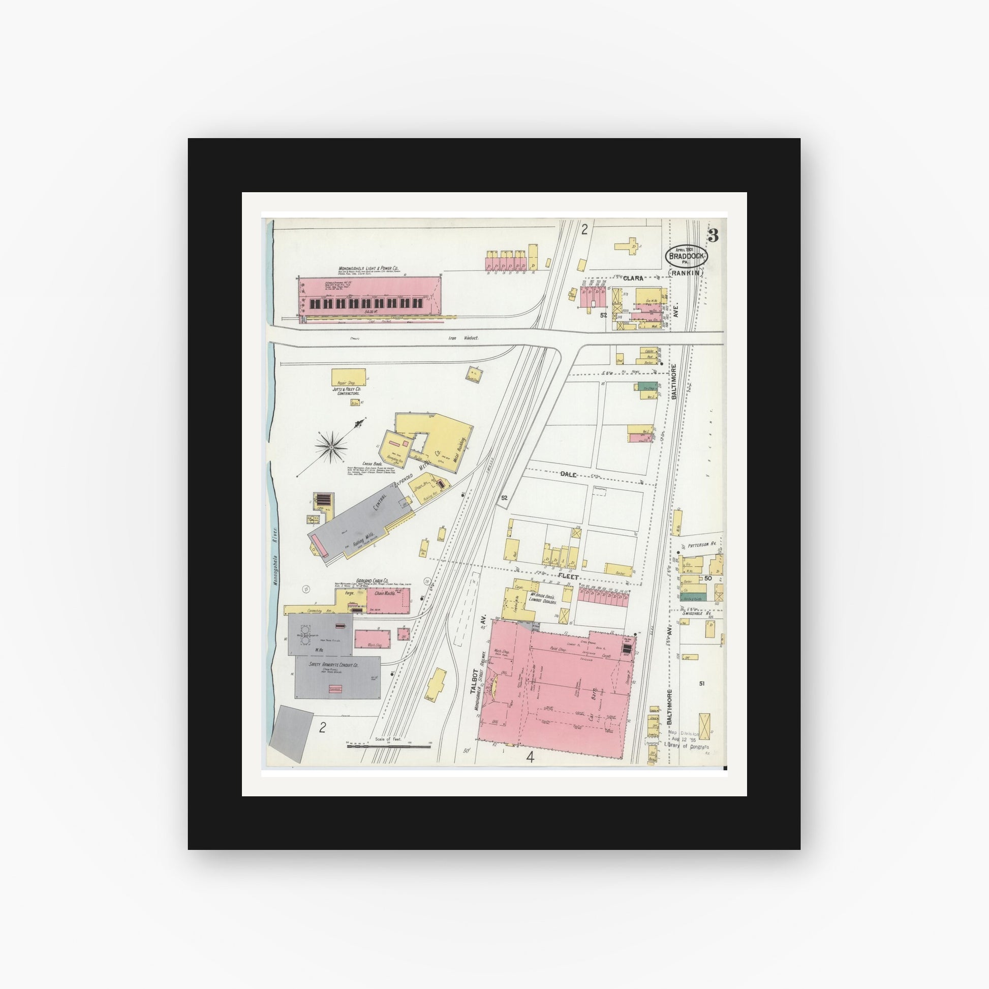 Old map wall art mockup — black gallery frame with white mat — Sanborn Fire Insurance Map from Braddock, Allegheny County, Pennsylvania (1901), Sheet #0003