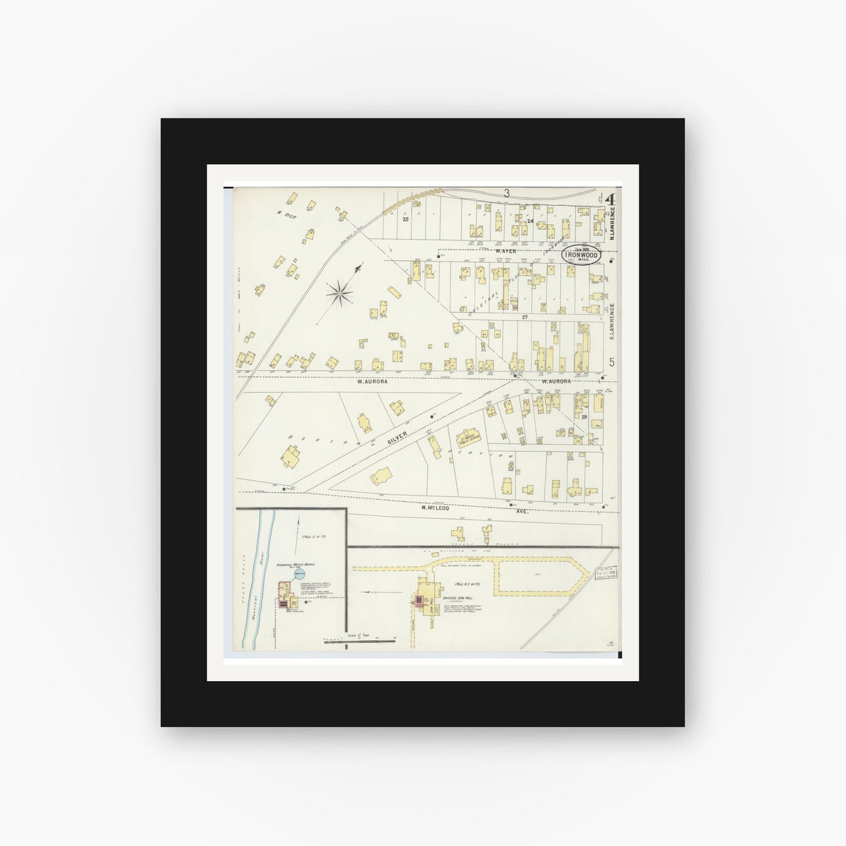 Old map wall art mockup — black gallery frame with white mat — Sanborn Fire Insurance Map from Ironwood, Gogebic County, Michigan (1898), Sheet #0004
