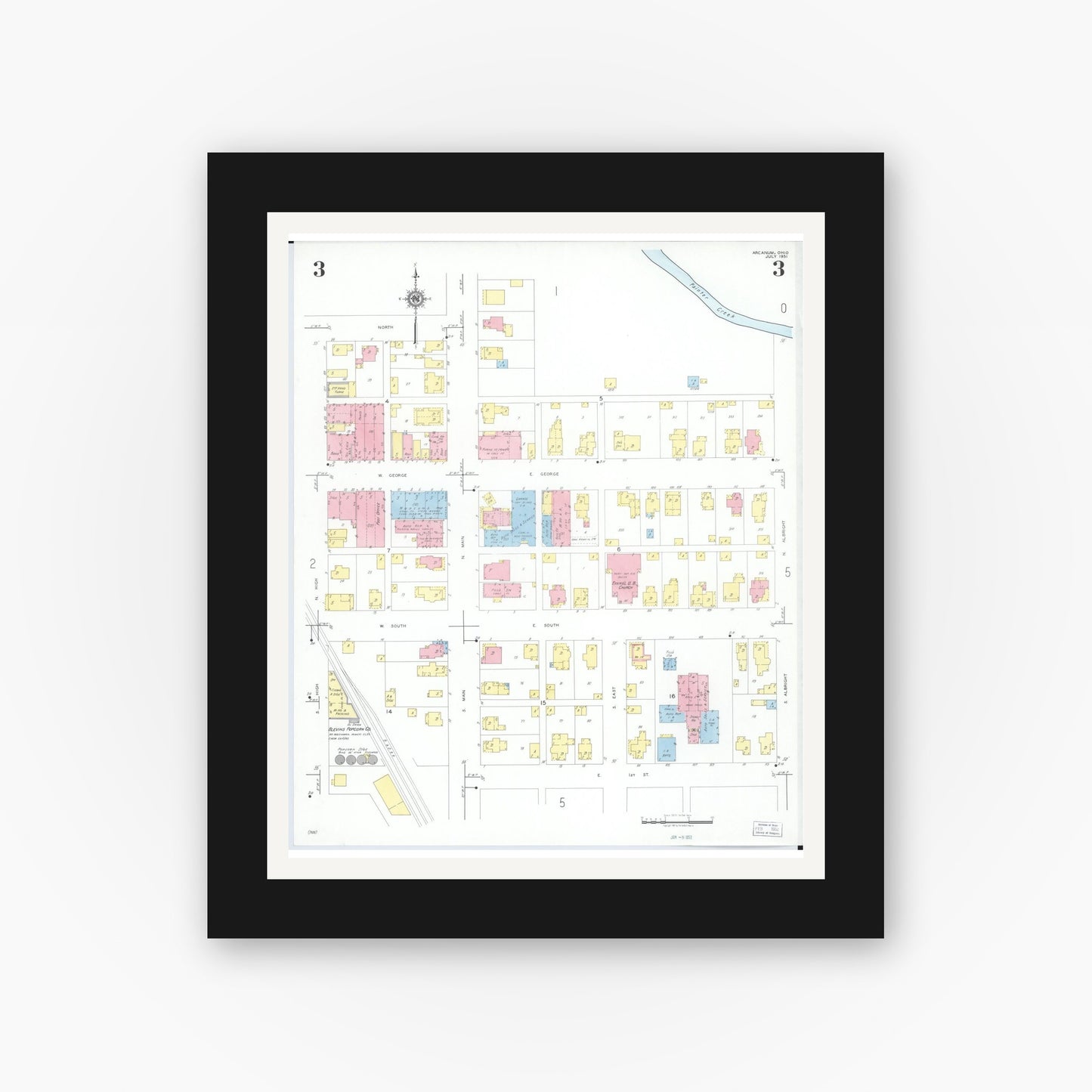 Old map wall art mockup — black gallery frame with white mat — Sanborn Fire Insurance Map from Arcanum, Darke County, Ohio (1951), Sheet #0003
