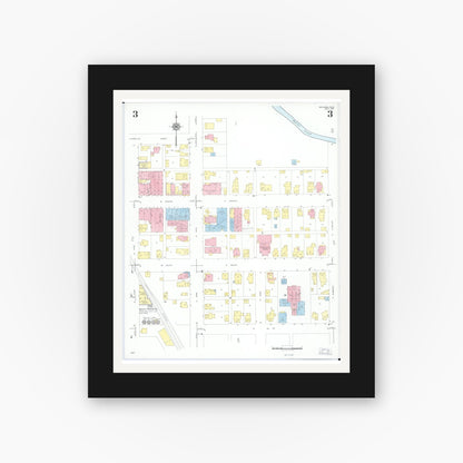 Old map wall art mockup — black gallery frame with white mat — Sanborn Fire Insurance Map from Arcanum, Darke County, Ohio (1951), Sheet #0003
