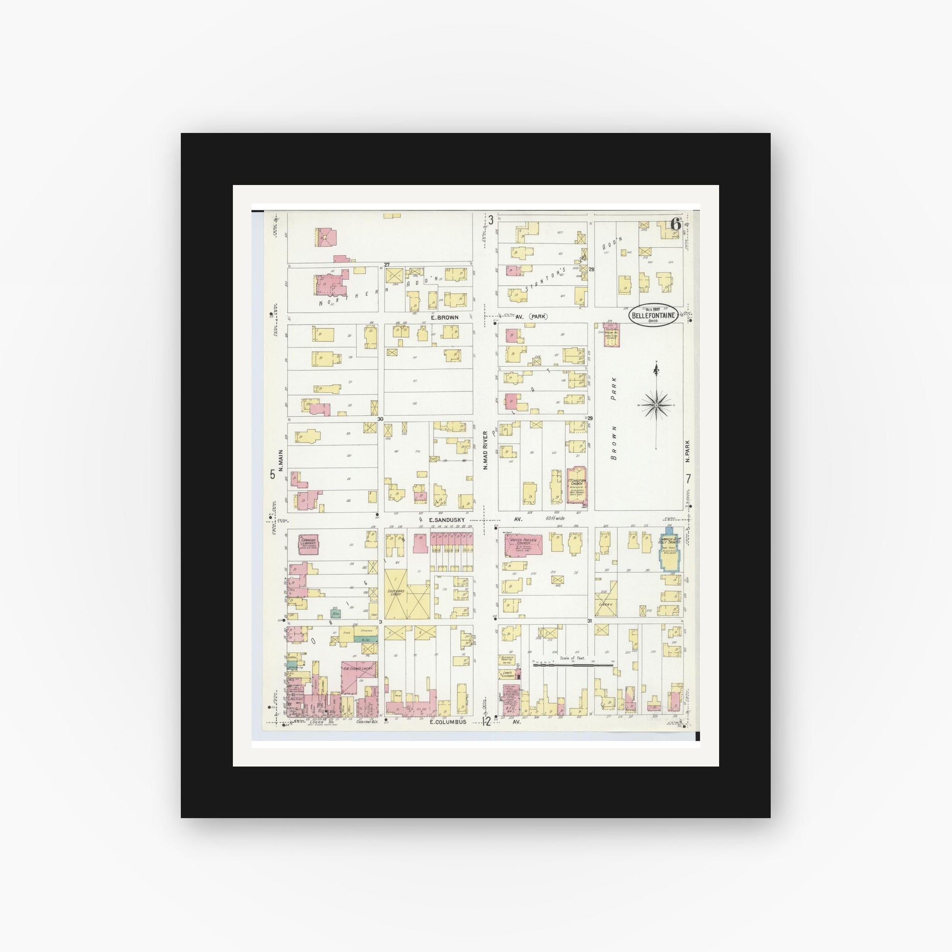 Old map wall art mockup — black gallery frame with white mat — Sanborn Fire Insurance Map from Bellefontaine, Logan County, Ohio (1907), Sheet #0006