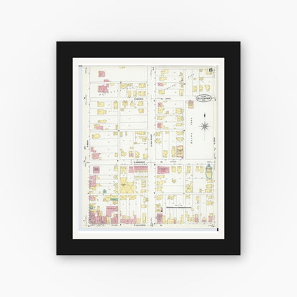 Old map wall art mockup — black gallery frame with white mat — Sanborn Fire Insurance Map from Bellefontaine, Logan County, Ohio (1907), Sheet #0006