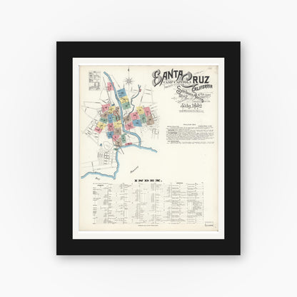 Old map wall art mockup — black gallery frame with white mat — Sanborn Fire Insurance Map from Santa Cruz, Santa Cruz County, California (1892), Sheet #0001
