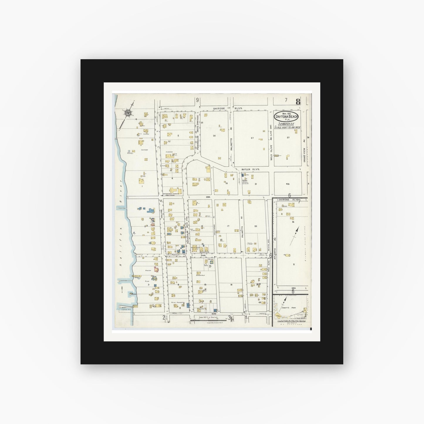 Old map wall art mockup — black gallery frame with white mat — Sanborn Fire Insurance Map from Daytona Beach, Volusia County, Florida (1916), Sheet #0008