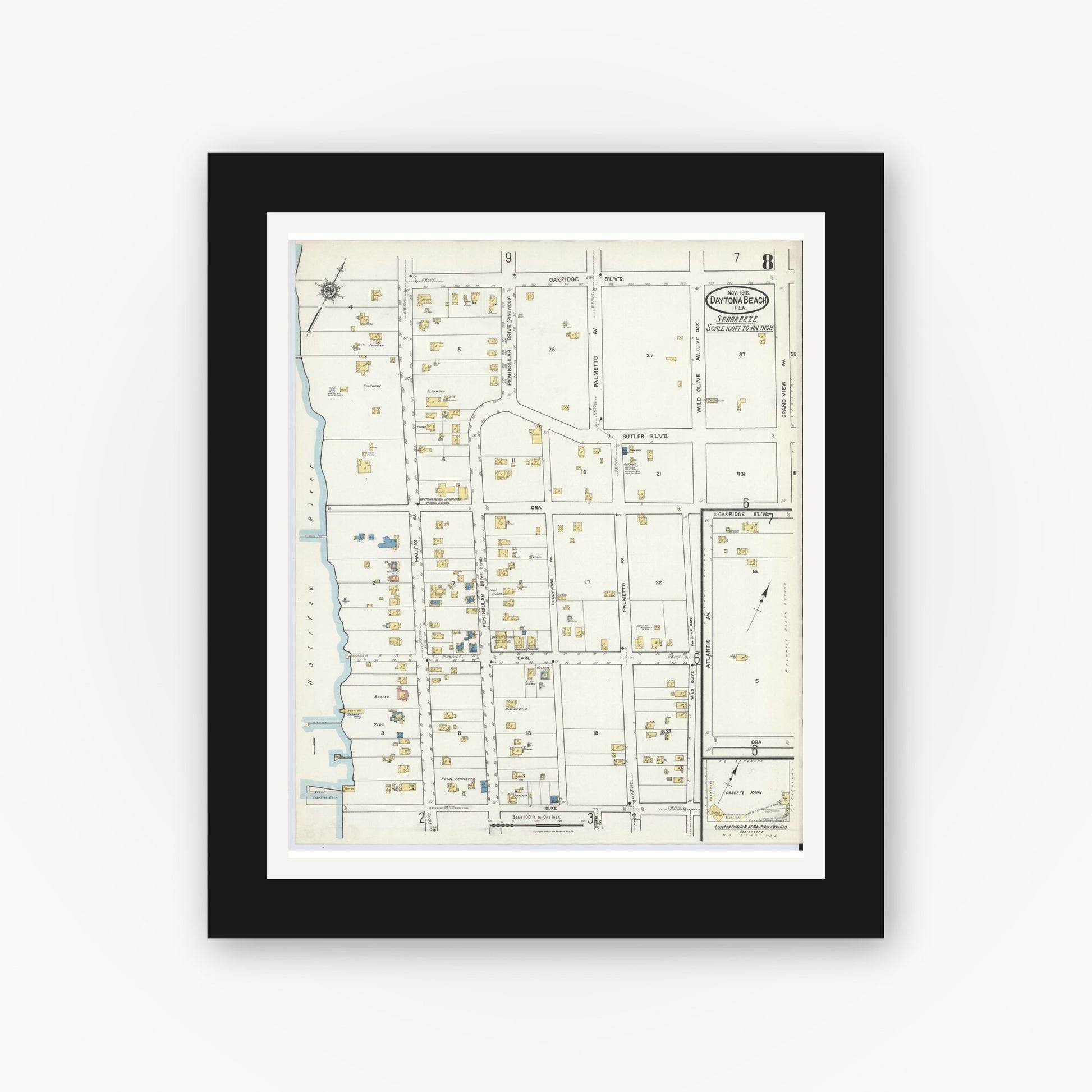 Old map wall art mockup — black gallery frame with white mat — Sanborn Fire Insurance Map from Daytona Beach, Volusia County, Florida (1916), Sheet #0008