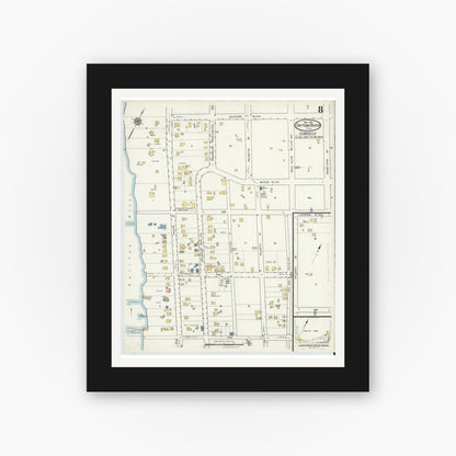 Old map wall art mockup — black gallery frame with white mat — Sanborn Fire Insurance Map from Daytona Beach, Volusia County, Florida (1916), Sheet #0008