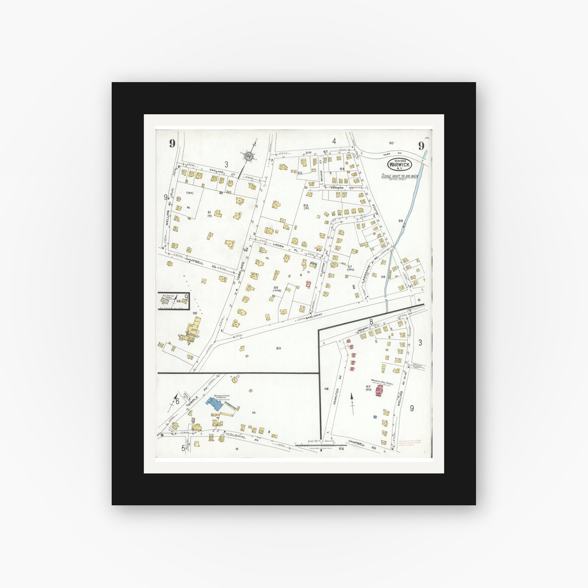 Old map wall art mockup — black gallery frame with white mat — Sanborn Fire Insurance Map from Warwick, Orange County, New York (1923), Sheet #0009