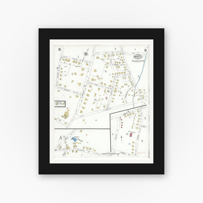 Old map wall art mockup — black gallery frame with white mat — Sanborn Fire Insurance Map from Warwick, Orange County, New York (1923), Sheet #0009