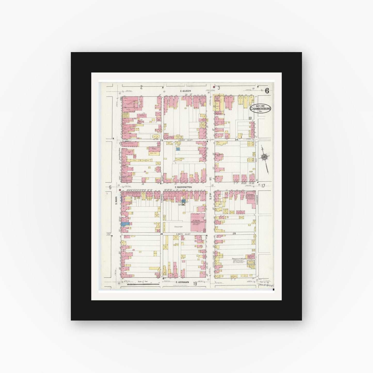 Old map wall art mockup — black gallery frame with white mat — Sanborn Fire Insurance Map from Chambersburg, Franklin County, Pennsylvania (1916), Sheet #0006