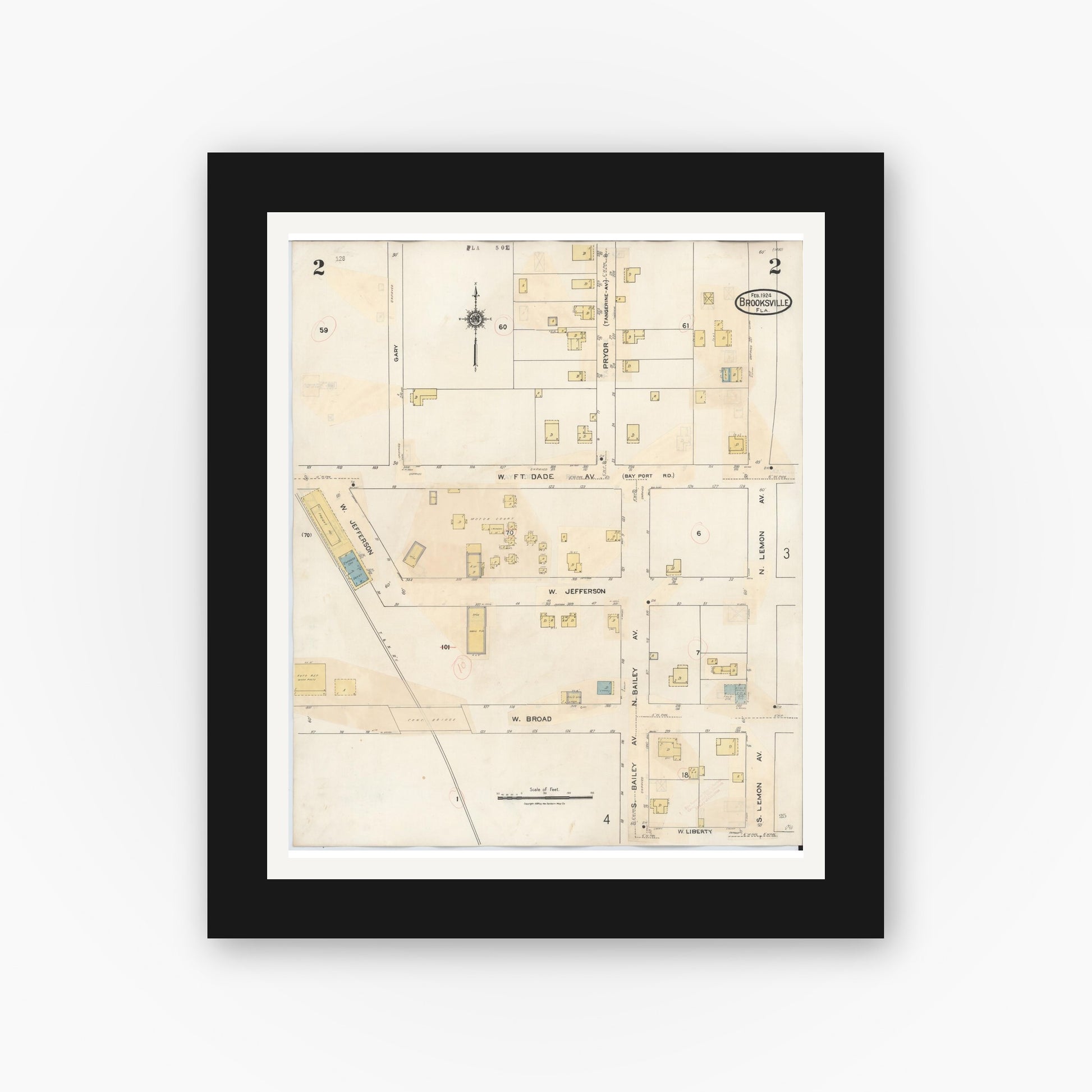 Old map wall art mockup — black gallery frame with white mat — Sanborn Fire Insurance Map from Brooksville, Hernando County, Florida (1945), Sheet #0002