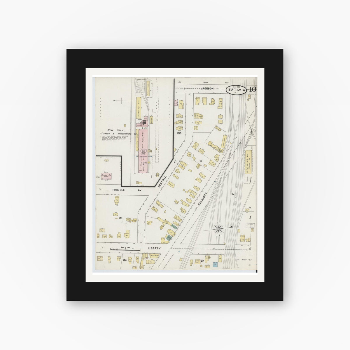 Old map wall art mockup — black gallery frame with white mat — Sanborn Fire Insurance Map from Batavia, Genesee County, New York (1890), Sheet #0010