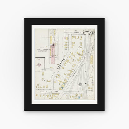 Old map wall art mockup — black gallery frame with white mat — Sanborn Fire Insurance Map from Batavia, Genesee County, New York (1890), Sheet #0010