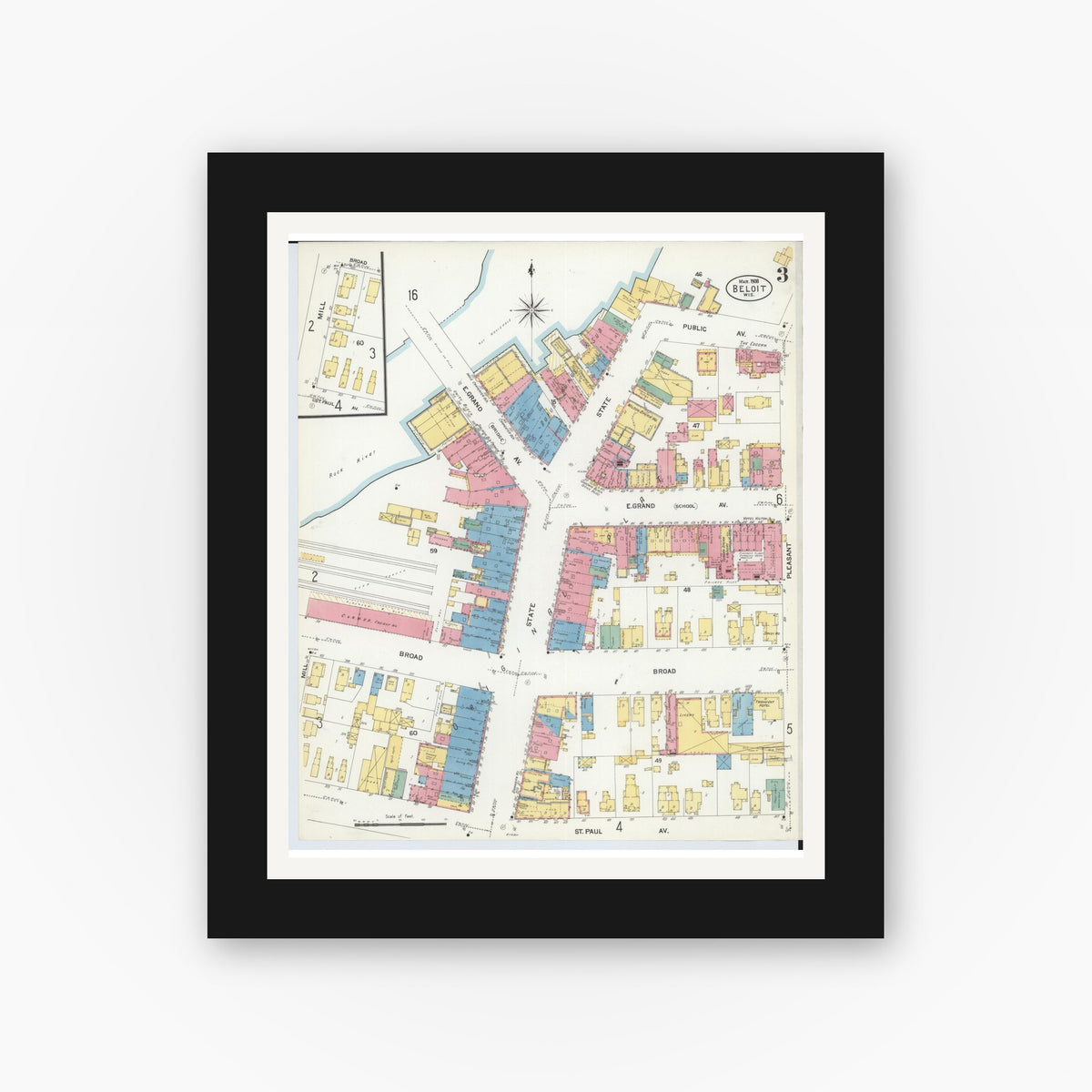 Old map wall art mockup — black gallery frame with white mat — Sanborn Fire Insurance Map from Beloit, Rock County, Wisconsin (1908), Sheet #0003