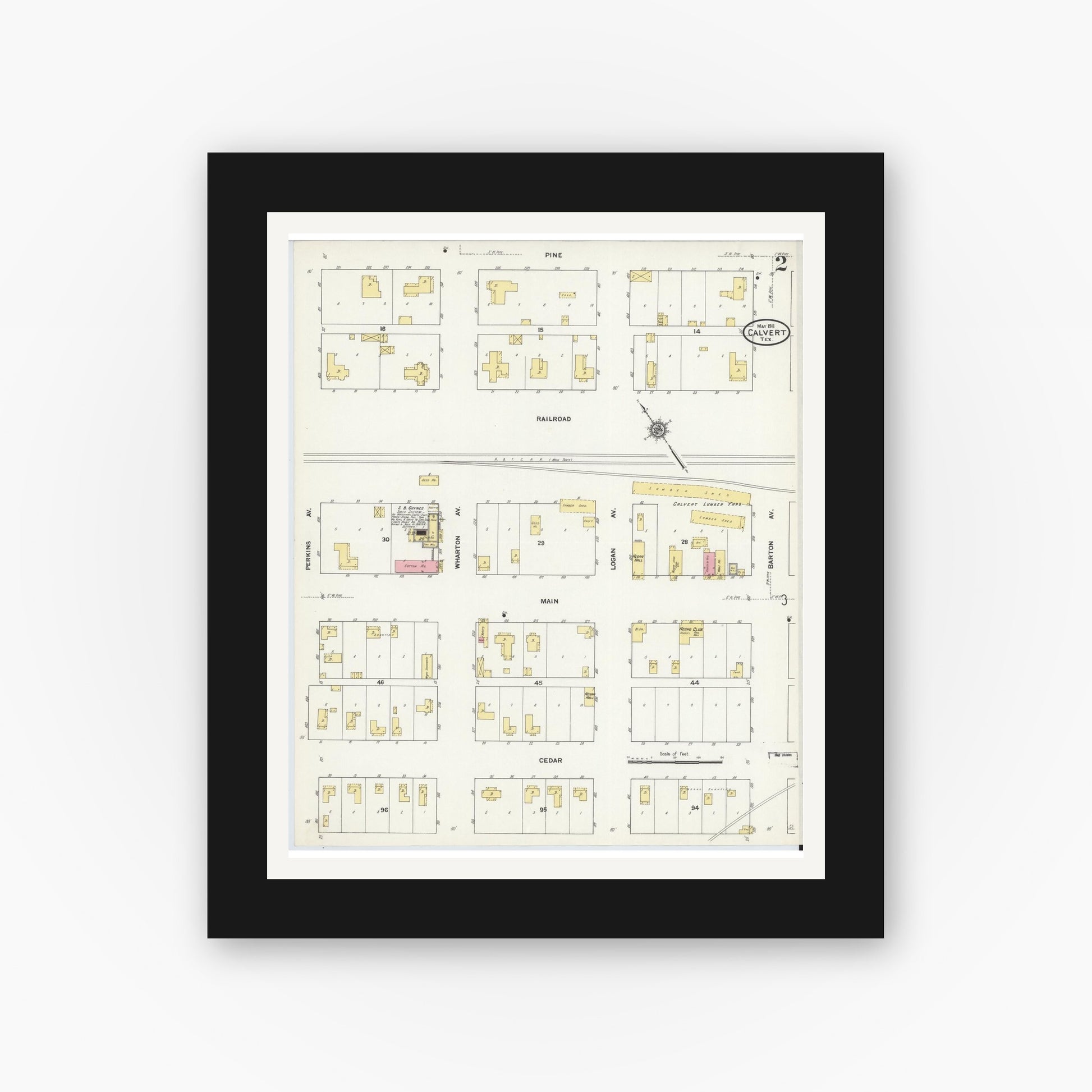 Old map wall art mockup — black gallery frame with white mat — Sanborn Fire Insurance Map from Calvert, Robertson County, Texas (1911), Sheet #0002