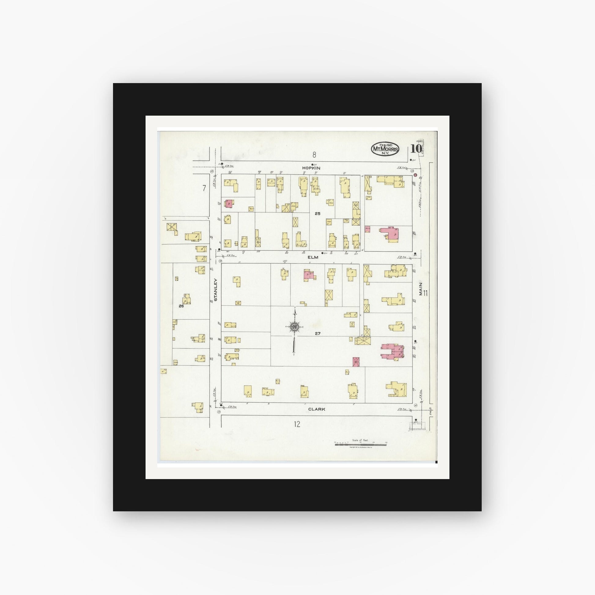 Old map wall art mockup — black gallery frame with white mat — Sanborn Fire Insurance Map from Mount Morris, Livingston County, New York (1921), Sheet #0010