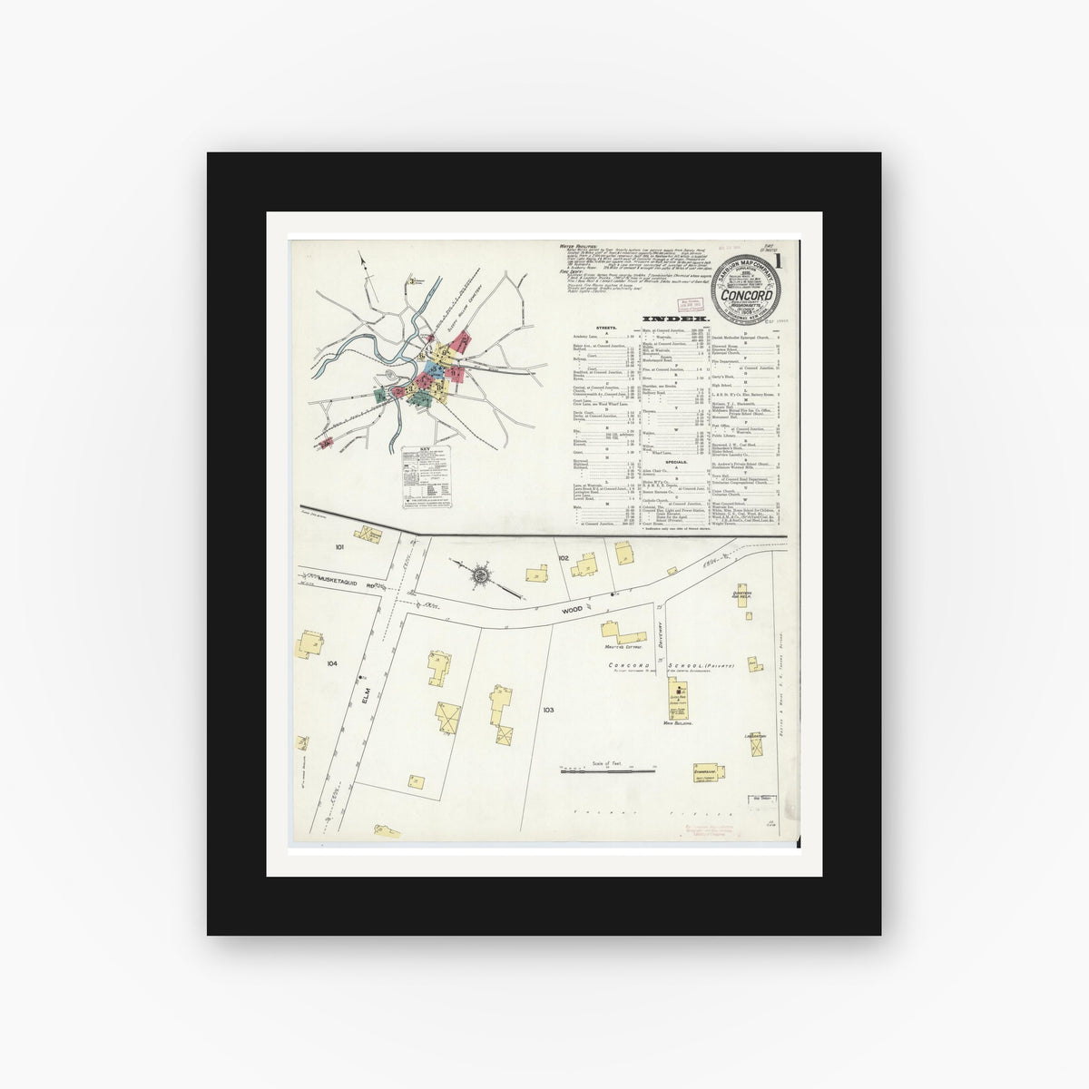Old map wall art mockup — black gallery frame with white mat — Sanborn Fire Insurance Map from Concord, Middlesex County, Massachusetts (1909), Sheet #0001