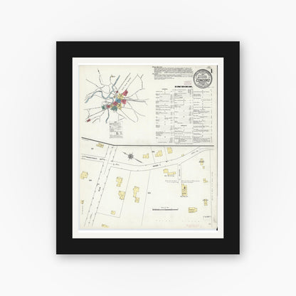 Old map wall art mockup — black gallery frame with white mat — Sanborn Fire Insurance Map from Concord, Middlesex County, Massachusetts (1909), Sheet #0001