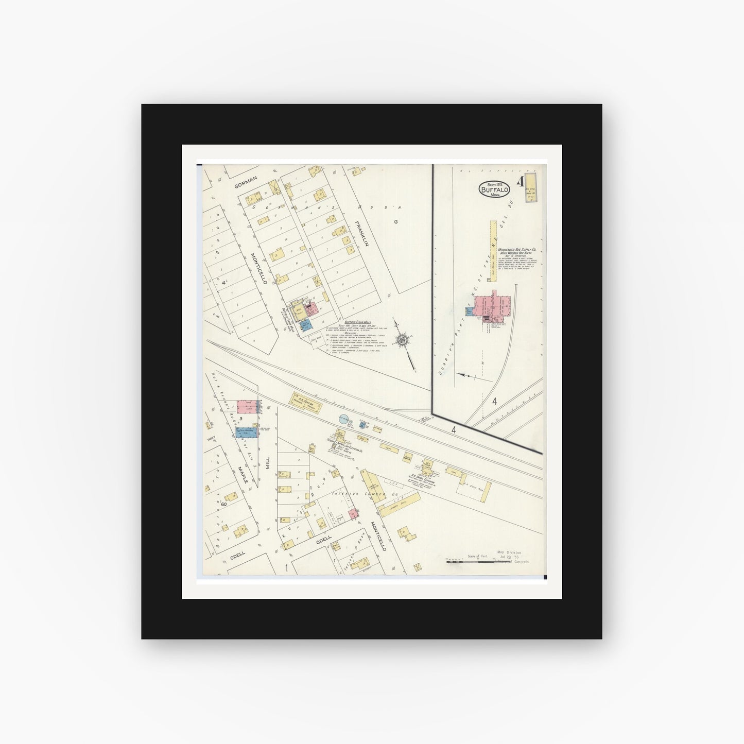 Old map wall art mockup — black gallery frame with white mat — Sanborn Fire Insurance Map from Buffalo, Wright County, Minnesota (1915), Sheet #0004