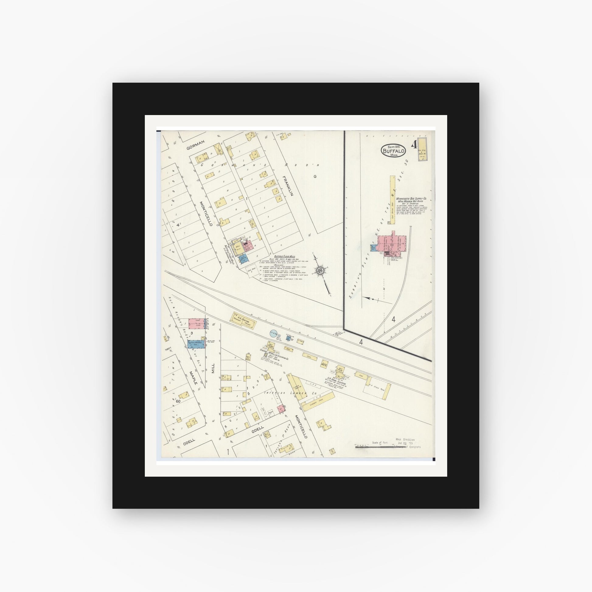 Old map wall art mockup — black gallery frame with white mat — Sanborn Fire Insurance Map from Buffalo, Wright County, Minnesota (1915), Sheet #0004