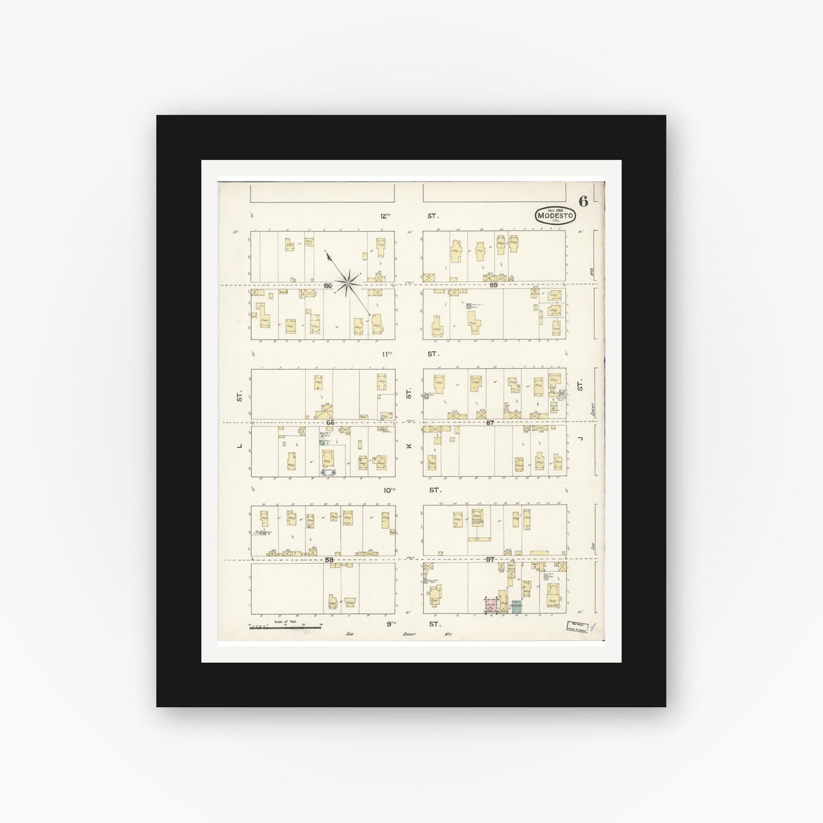 Old map wall art mockup — black gallery frame with white mat — Sanborn Fire Insurance Map from Modesto, Stanislaus County, California (1888), Sheet #0006